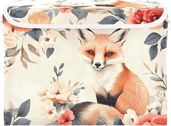 Flower-like Fox Lidded Storage Bins with Handles - 16.5"x12.6"x11.8" Foldable Organizing Box, Oxford Fabric & Honeycomb Board, Dust-Proof Flip Lid for Closet/Office