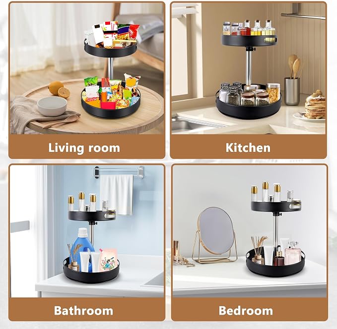 Lazy Susan Turntable Spice Rack, 2 Tier Adjustable Height Rotating Spice Organization, Revolving Seasoning Organizer 12 Inch for Kitchen Countertop Pantry Dining Table Coffee Storage(Black)