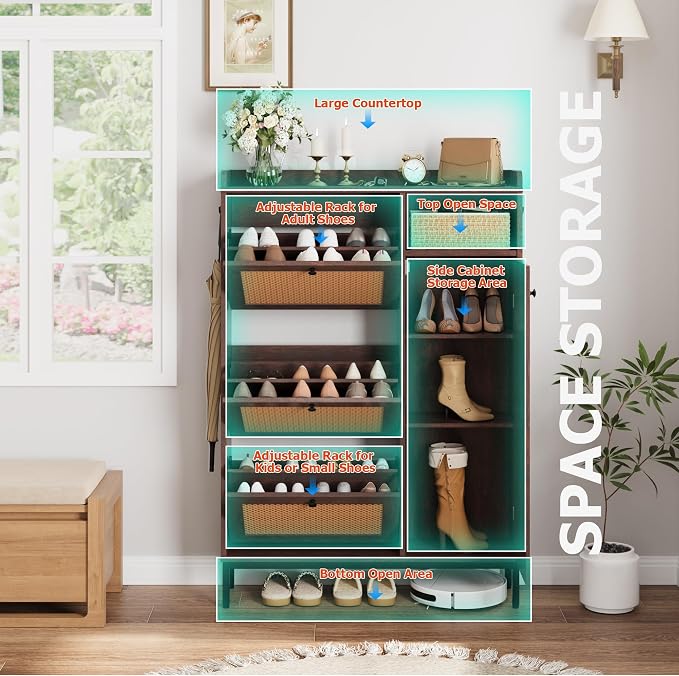 Garvee Shoe Cabinet with 3 Flip Drawers, Freestanding Shoe Organizer with 4-Tier Shoe Storage Cabinet and Adjustable Shelf & Rattan Doors,Narrow Shoe Rack Cabinet for Entryway, Closet, Hallway