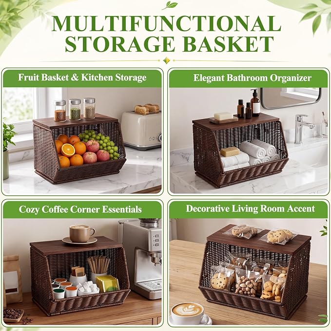FoldTier Rattan Wicker Fruit Basket with Lid - 12 inch Stackable Wall Mounted Hanging Rattan Storage Basket for Kitchen Counter Handwoven Countertop Produce Organizer for Fruits Vegetables Snacks