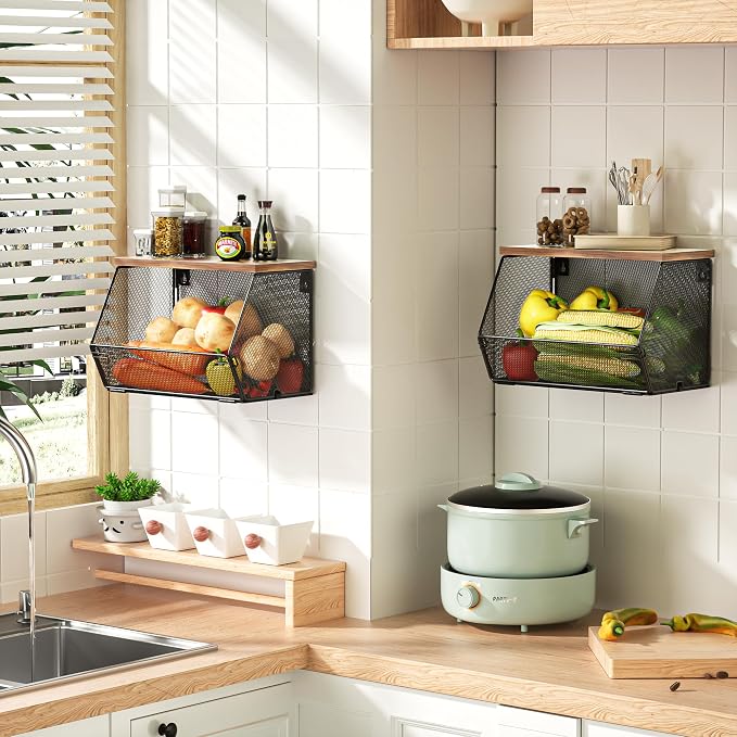 Litwaro Fruit Basket Wire Baskets with Wood Lid, Wall Mounted Produce Basket for Snack, Fruit and Vegetable Storage, Countertop Onion and Potato Storage, 3 Pack Stackable Kitchen Counter Organizer