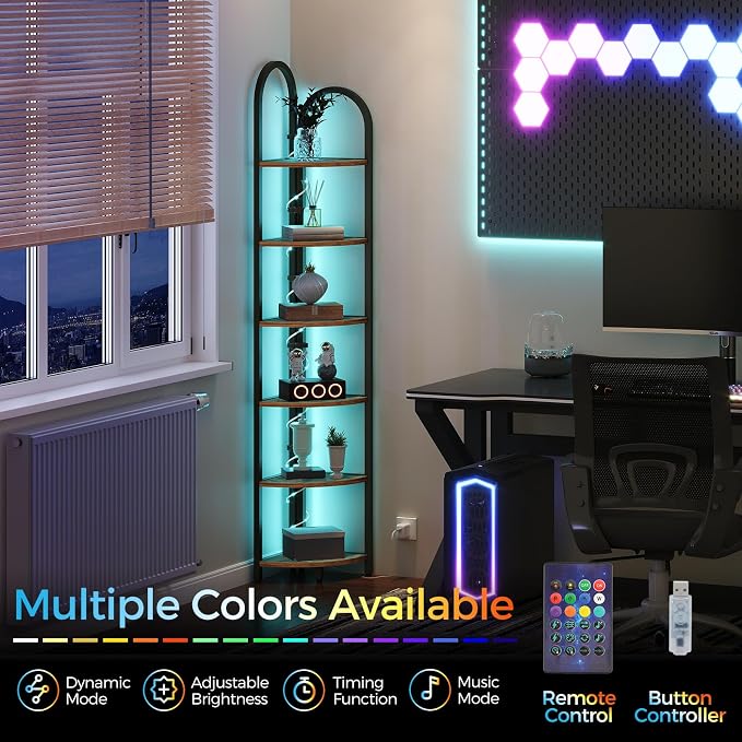 MAHANCRIS 6 Tier Corner Shelf with LED Light, 74.6'' Tall Corner Bookshelf Stand, Narrow Display Bookcase with Storage Rack for Wall Corner, Living Room, Bedroom, Small Spaces, Rustic Brown CSHR66101