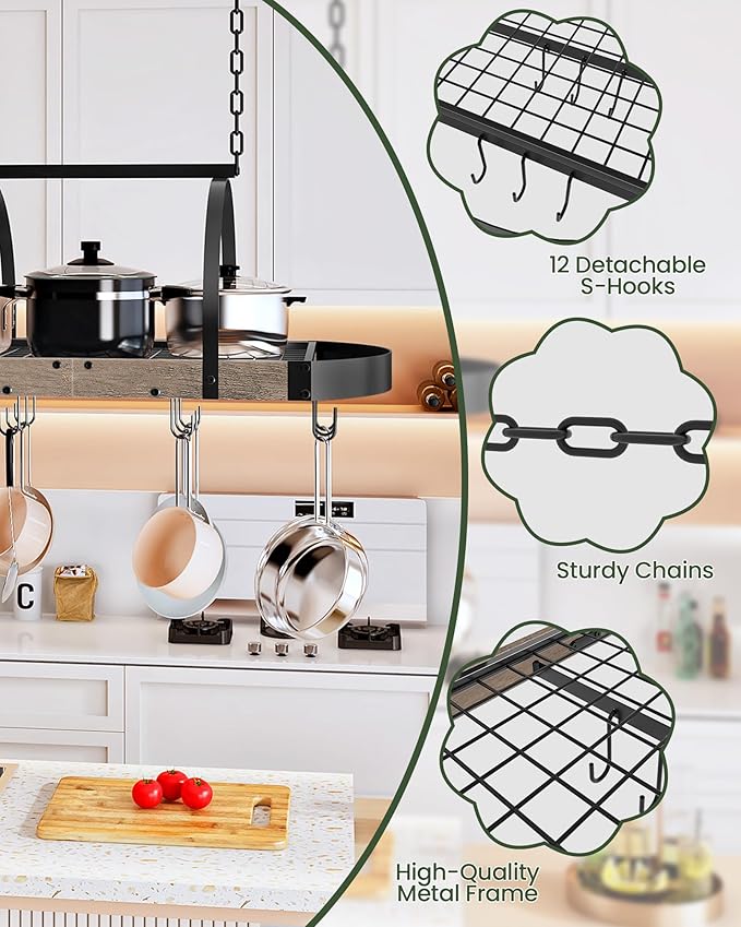 CHOEZON Hanging Pot Rack, Pot Hanger for Kitchen, Ceiling Mounted Pot Holder, Cookware Organizer with 12 S-Shaped Hooks, for Pot, Pan Storage, Space-Saving, Greige and Black TPR08BGC1