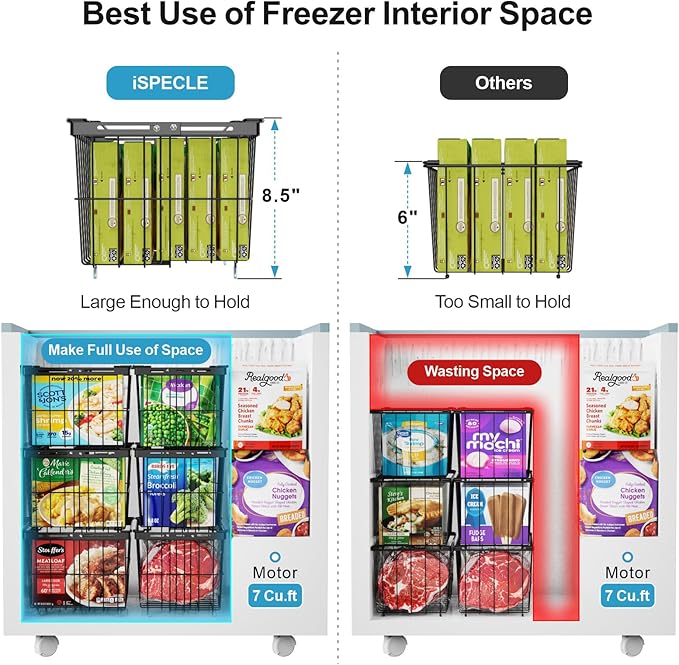 iSPECLE Freezer Organizer Bins - 5 Pack Adjustable Width for 5 to 7 Cu.Ft Chest Freezers, Stackable Wire Storage Baskets, Assembly Required, Black