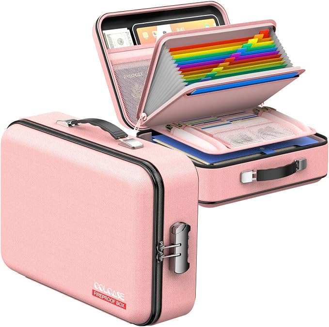 COLCASE Fireproof Document Organizer with Lock, Hard Fireproof Document Box | Hard-Shell Fireproof Waterproof Document Box with Combination Lock Pink