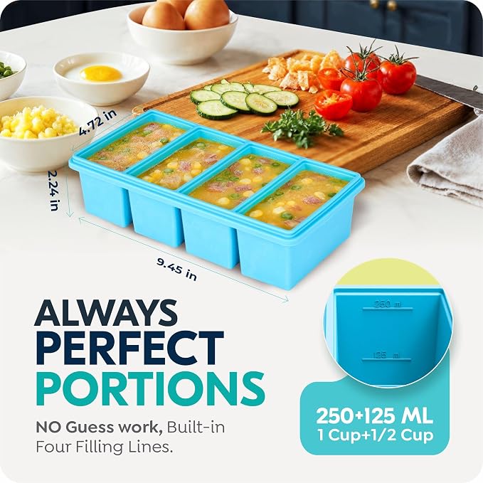 Silicone Freezer Trays with Lids, 2 Cup & 1 Cup Soup Container Style Ice Cube Trays, Easily prepare portioned meals, Great for storing soups and other dishes, Dishwasher, Oven Safe