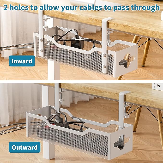 Under Desk Cable Management Tray No Drill, 13.38'' Metal Tray with Clamp for Wire Management, Litwaro Cord Organizer Home Office Damage to Standing Desk, White