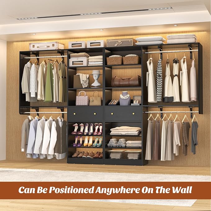 Closet System with Drawer - Reversible 5FT Wood Closet Organizer System with 2 Hanging Rods and Adjustable Shelf, Walk In Closet Organizers with Shoe Rack, Built-In Garment Rack Clothes Rack, Black