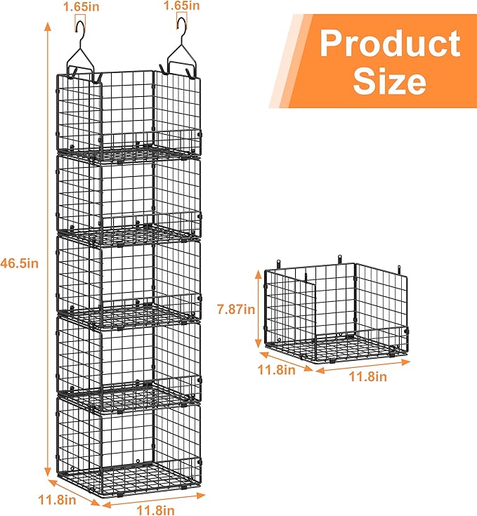 Sonyabecca 5-Tier Hanging Closet Organizer – Black Closet Storage Shelves with Wire Baskets for Clothes, Handbags, Sweaters & Accessories, Includes 2 Hanging Hooks & 5 S-Hooks