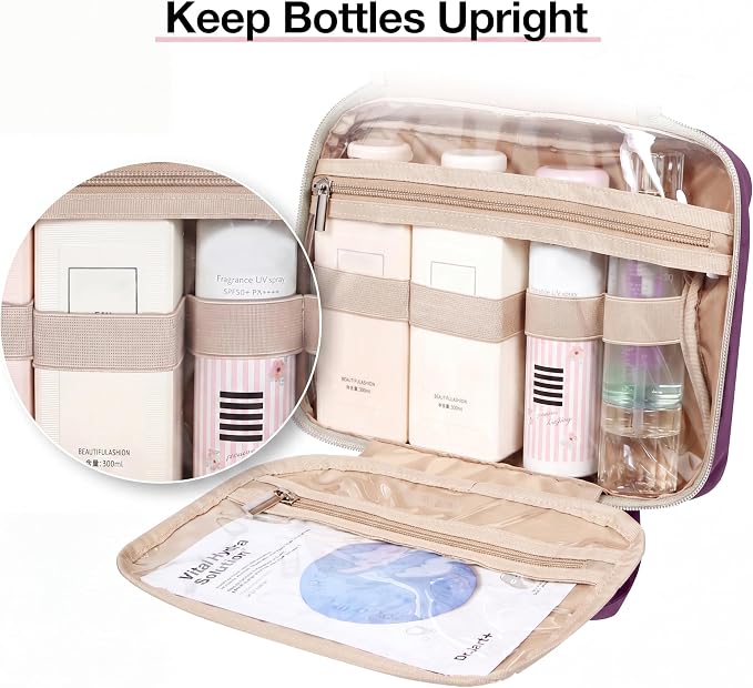 BAGSMART Toiletry Bag Hanging Travel Makeup Organizer with TSA Approved Transparent Cosmetic Bag Makeup Bag for Full Sized Toiletries, Large-Purple