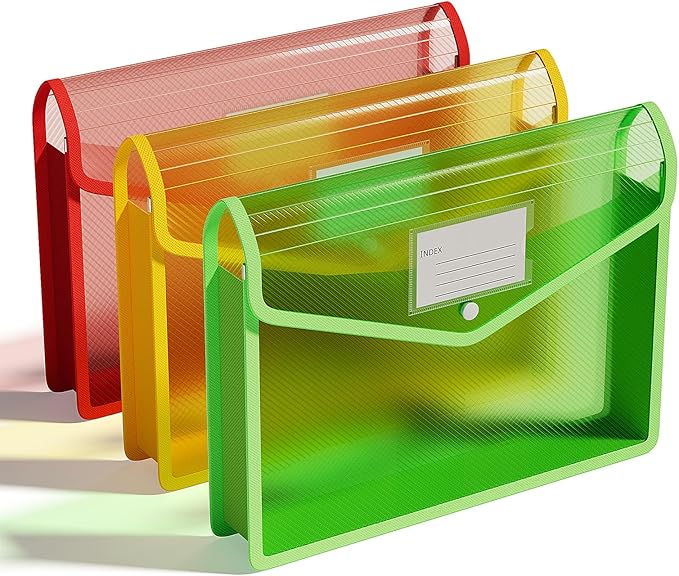 ThinkTex Plastic Expanding File Folders, Transparent Envelopes with Snap | No Dividers, Large Capacity, Document Organizer for Bills & Taxes, Letter/A4 Size for School, Office, Home - 3 Pack