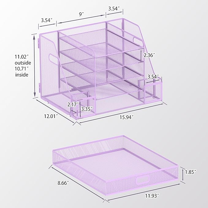SUPEASY Mesh Desk Organizer with File Holder, 5-Tier Paper Letter Tray Organizer with Magazine Holder, Desktop Organizer and Storage with Drawer for Office Supplies Home or School (Purple)