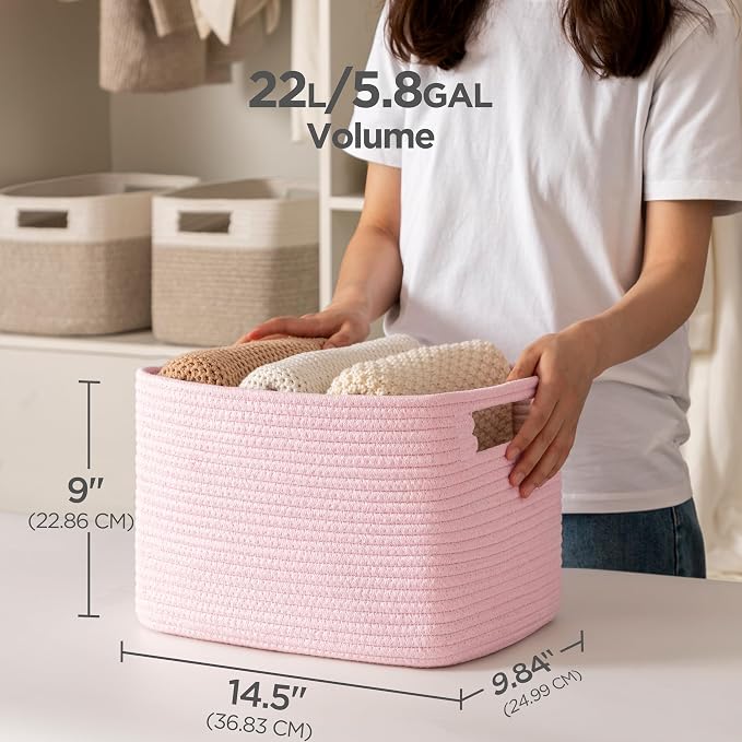 4 Pack Storage Baskets for Organizing, Shelf Baskets with Handles, Pink | 14.5"L x 9.8"W x 9"H, Woven Basket, Cotton Rope Basket, Toy Storage, Cube Shelf, Gift Baskets Empty, Home Decor