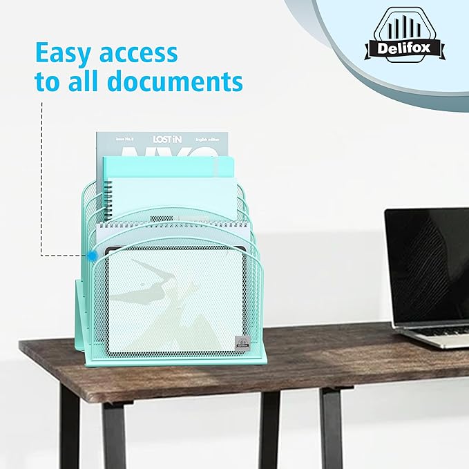 Delifox Inclined Desk File Organizer,Vertical File Folder Holder Stand Metal Rack File Sorter for Office Classroom Desktop Organization