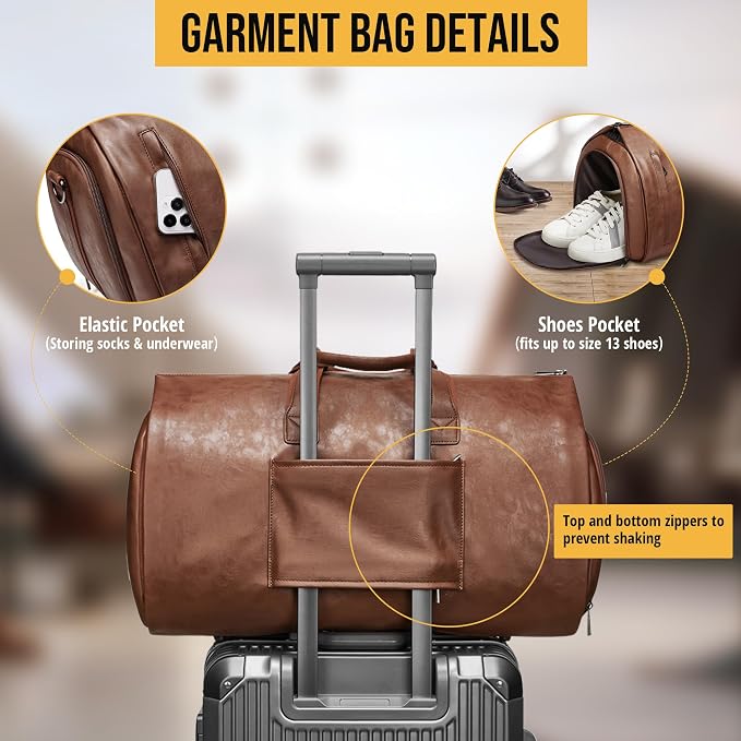 Convertible Garment Bag, Brown | 2-in-1 Hanging Suitcase, Carry on Garment Duffel, Shoulder Strap, Shoe Compartment, Men's Women's Travel