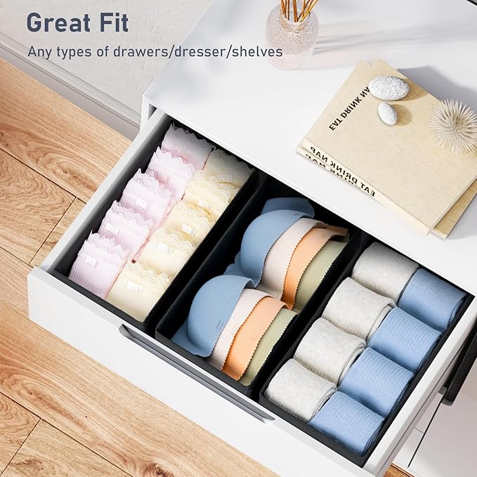 DIMJ Drawer Organizer Clothes - Underwear Organizer Small Closet and Storage Box Dresser Organizer,Drawer Dividers for Baby Clothes,Bra,Socks, Belt, Tie, Set of 6,Black