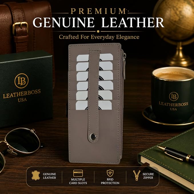 Leatherboss Genuine Leather Women's All in One Credit Business Card Case Holder Slim Zipper Wallet With a Card Protection Strap, Light Brown