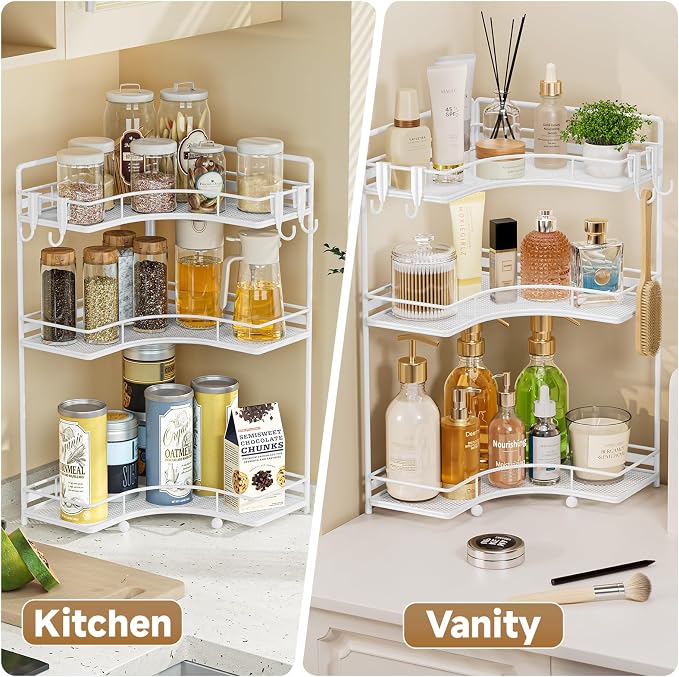 VITVITI 3 Tier Corner Bathroom Counter Organizer, Bathroom Countertop Organizer Storage for Sink, Metal Mesh Makeup Organizer for Vanity Countertop Kitchen with Hooks, White