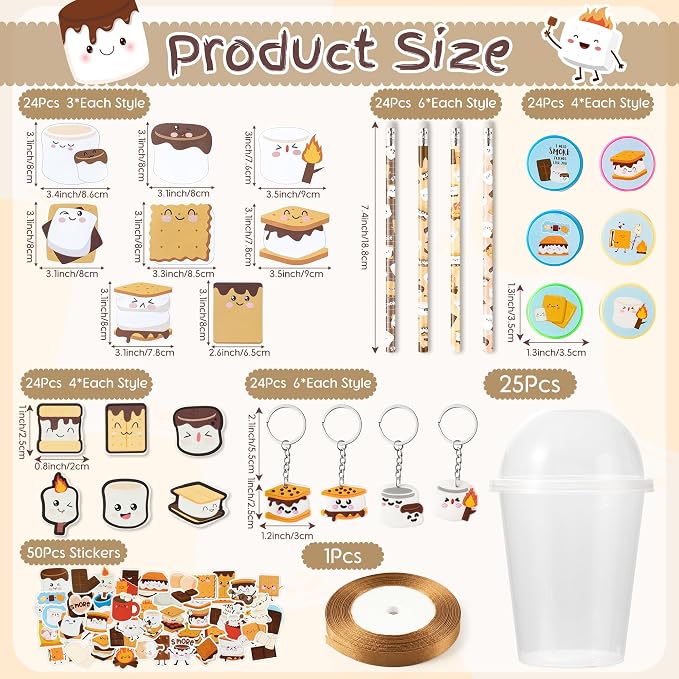 CJiangpo 196Pcs Marshmallow Party Favors Stationery Gift Classroom Prizes | Drink Cup with Lids Bulk, Pencil Sharpener Eraser Sticky Notes Pads Stickers Keychain, Camping Birthday Party Favors Rewards