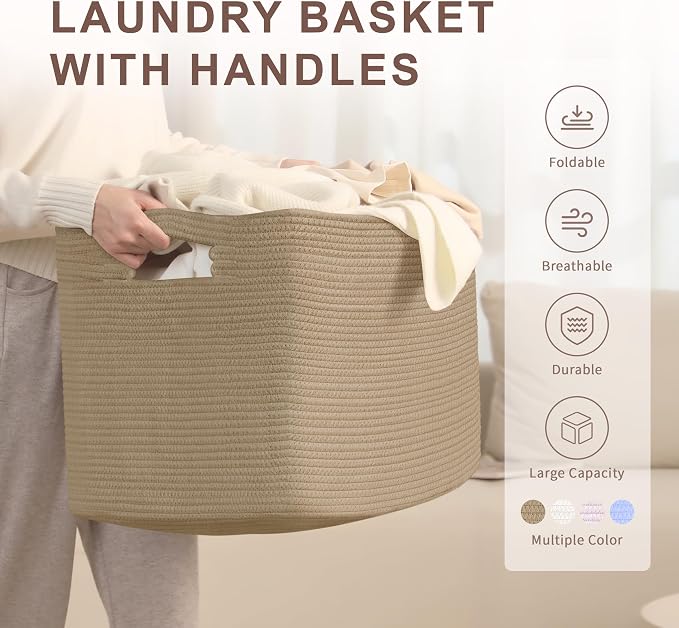 100L Extra Large Woven Laundry Basket Hamper with Handles, Jute | 24"x16"x16", collapsible wicker hamper, storage for dirty clothes, toys, blankets, gifts, living room, bedroom, bathroom