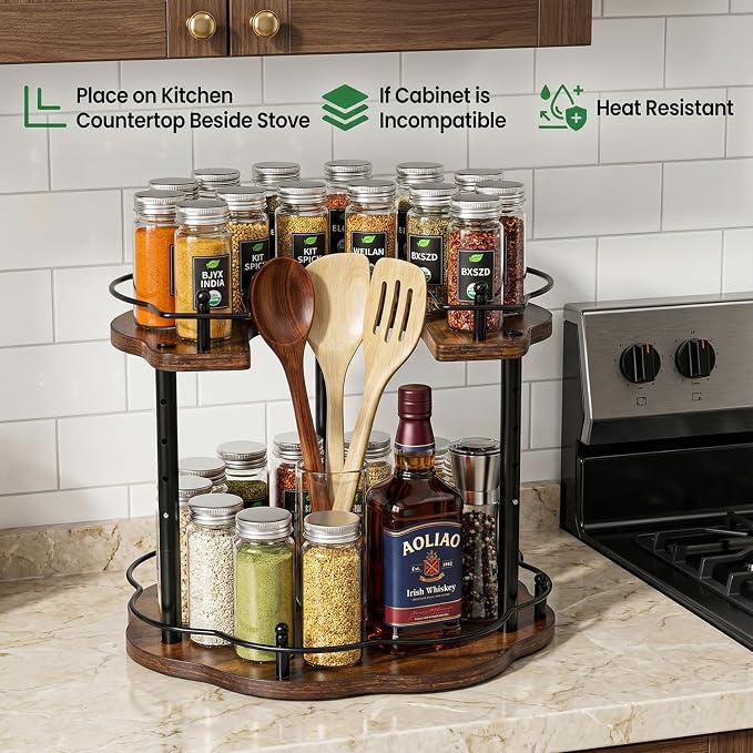 12 Inch Wood Lazy Susan Organizer Spice Rack, Lazy Susan Organizer, Height Adjustable Spice Rack, Kitchen Cabinet Storage and Pantry Turntable for Seasonings, Cans, Jars