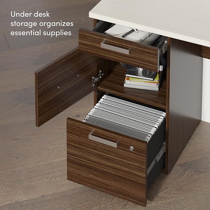 Bestar U Shaped Desk with Drawers, Hutch, and Keyboard Tray, Executive Workstation for Home or Professional Office, 65 Inches, Ridgeley Collection, White Chocolate
