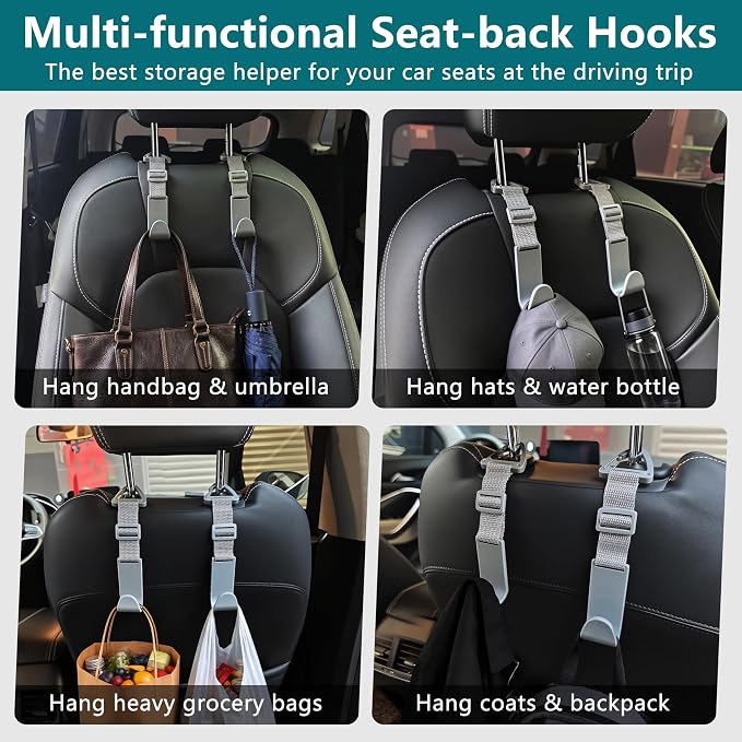 Amooca Headrest Hooks for Car Adjustable 4 Pack Vehicle Seat Back Organizer Storage Hanger Holder for Purse Bags Universal Fit with Clip Gray