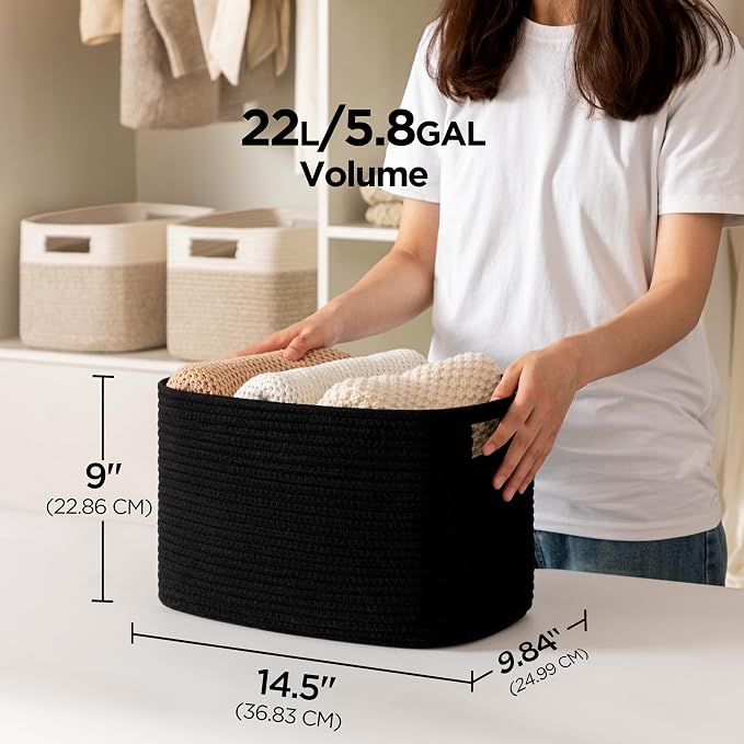 4 Pack Storage Baskets for Organizing, Shelf Baskets with Handles, Black | 14.5"L x 9.8"W x 9"H, Woven Basket, Cotton Rope Basket, Toy Storage, Cube Shelf, Gift Baskets Empty, Home Decor