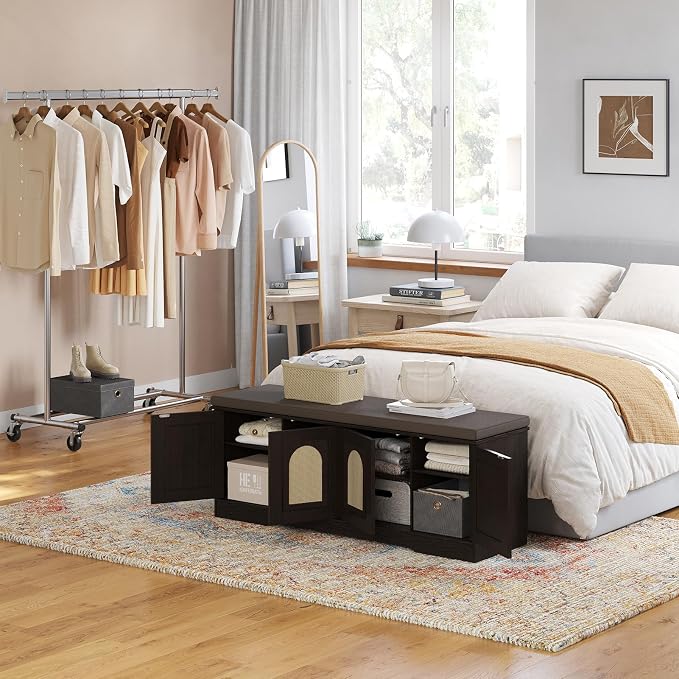 DINZI LVJ Shoe Storage Bench with Cushion, Entryway Bench with Seat & Doors | 2-Tier Cabinet Bench Fits 8 Shoes, Adjustable Shelves for Boots, Easy Assembly, Farmhouse, Bedroom, 47.2"W, Rattan, Espresso