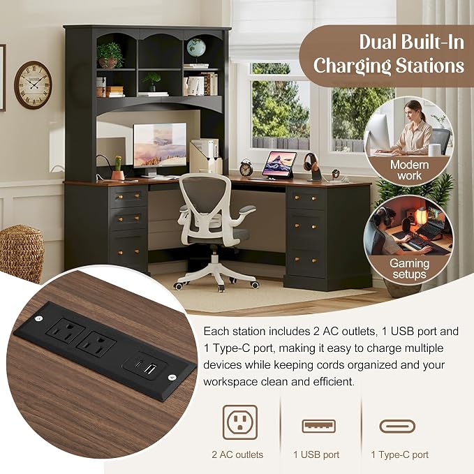 Merax L Shaped Desk Black, Corner Computer Desk with Charging Station & Keyboard Tray, Home Office Desk with File Drawers & Hutch, Space Saving Workstation for Office Study and Gaming