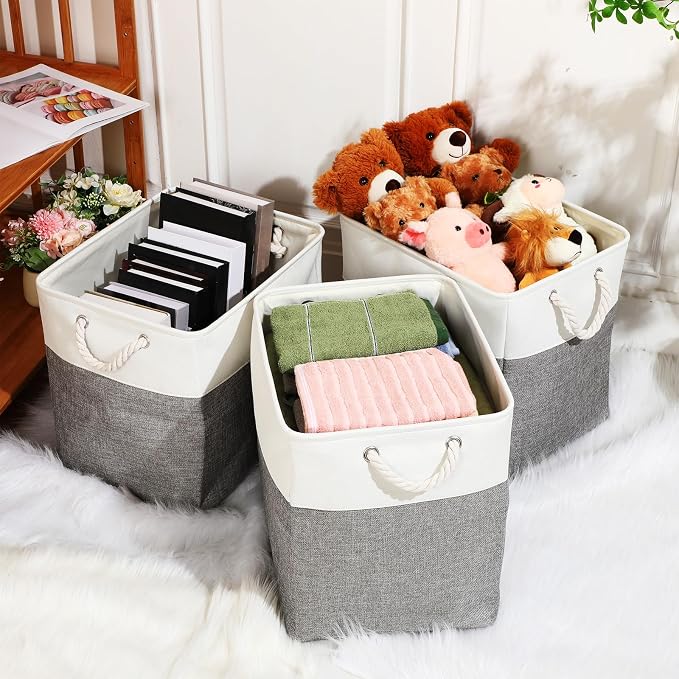 meekoo 8 Pack Collapsible Storage Bins Fabric Storage Bins Polyester Fabric Baskets with Handles Linen Closet Organizer for Shelf Home Closet Towels Toys(17 x 12 x 15 in,Gray White)