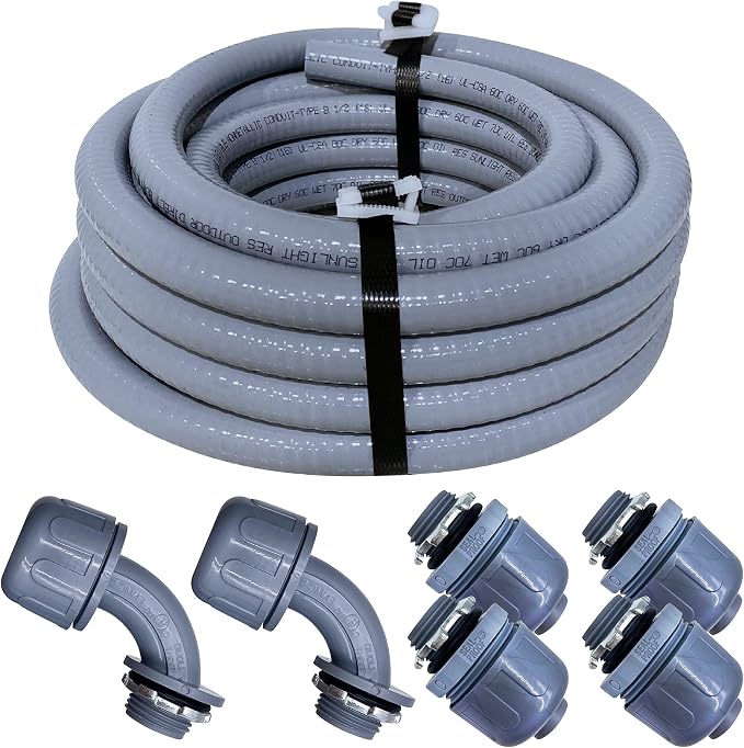 Sealproof 3/4-Inch Non-metallic Liquid-Tight Conduit and Connector Kit, 25 Foot Made in USA Flexible Electrical Conduit Type B with 4 Straight and 2 90-Degree Conduit Connector Fittings, 3/4" Dia