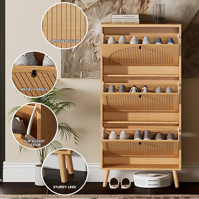 Fsbecl Shoe Storage Cabinet for Entryway with 3 Flip Drawers, Narrow Shoe Organizer with Fluted Panel, Freestanding Wood Hidden Shoe Cabinet for Hallway (Wood Color, 23.6''W, Single Layer)