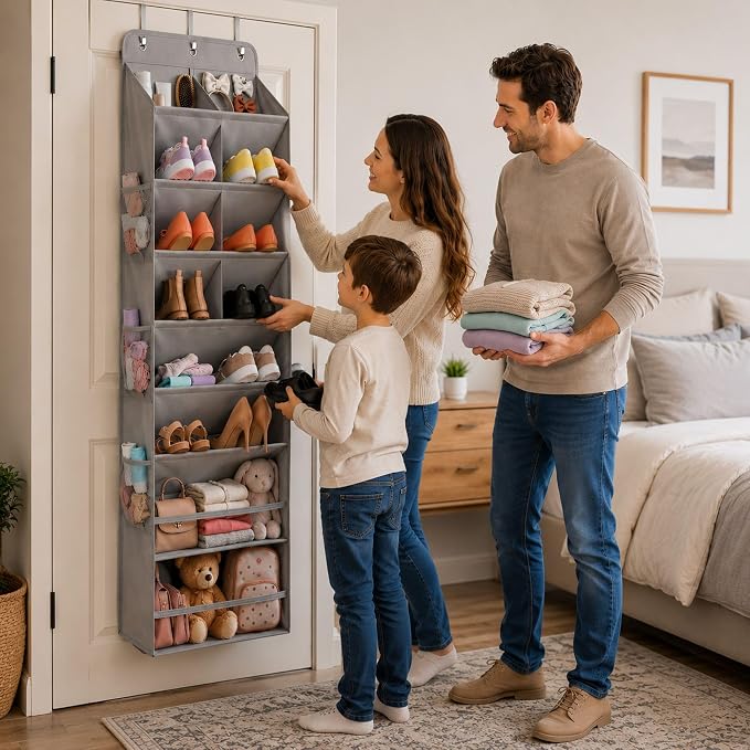 HOMELUX THEORY 8 Tier Hanging Shoe Organizer for Closet, Over the Door Shoe Organizer with Deep 120D Extra Thick Pockets, Shoe Rack for Closet & Entryway, with 6 Side Pockets for Boots (Light Gray)