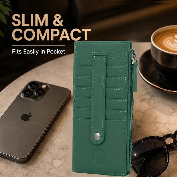 Leatherboss Genuine Leather Women's All in One Credit Business Card Case Holder Slim Zipper Wallet With a Card Protection Strap, Forest Green