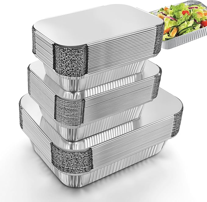 60 Pack Disposable Aluminum Pans with Lids, 10x7.5 and 7.3x5.3 Square 6.9x4.3 Square Combo Set, Disposable Baking and Cake Pan