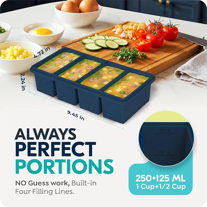 Silicone Freezer Trays with Lids, 2 Cup & 1 Cup Soup Container Style Ice Cube Trays, Easily prepare portioned meals, Great for storing soups and other dishes, Oven & Dishwasher-Safe(2-Pack)
