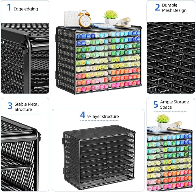Marbrasse Mesh Marker Organizer, 9-Tier Rack Holds 126 Markers, Black | Marker Holder, Space-saving Vertical Design, Desktop Storage for Office Classroom & Home Art Supplies