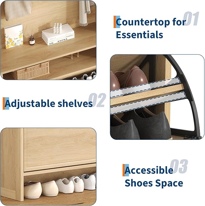 Garvee Shoe Cabinet with 2 Flip Drawers, 2-in-1 Hall Tree Shoe Storage Cabinet with Adjustable Shelf, Hidden Shoes Rack with Anti-Tipping Kit, Freestanding Shoes Rack for Entryway Hallway