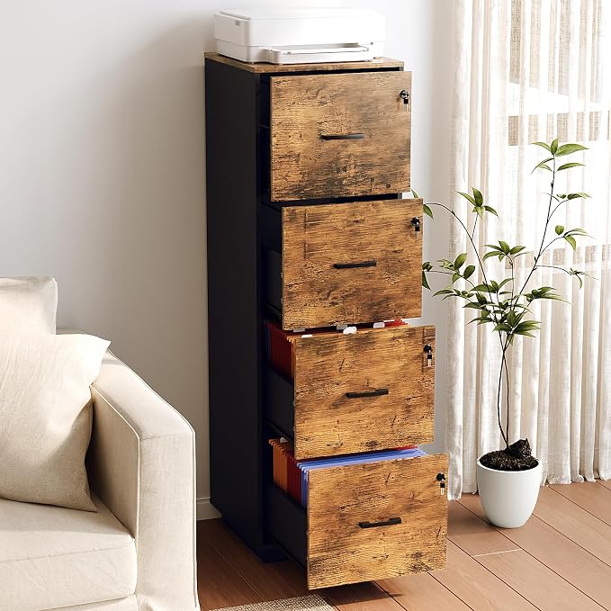 VINGLI 4 Drawer File Cabinet with Lock, Home Office Filing Organizer, for Letter Size File Folder Storage, Wood Tall Vertical Filing Cabinet, Printer Stand, Archivador (Rustic Brown)