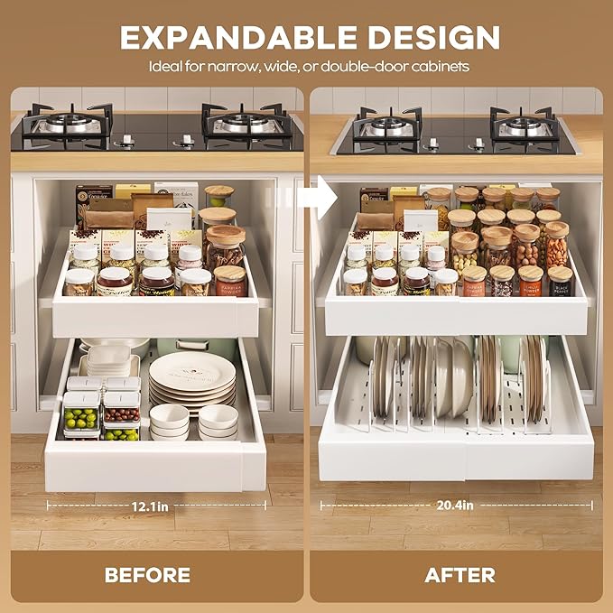 Seinloes 4 Pack Pull out Cabinet Organizer 21"Deep with Raising Pad for Framed Cabinets, Expandable Slide out Drawers for Kitchen Cabinets with 4pcs Divider Racks, Roll out Shelves 12.1"-20.4" W White