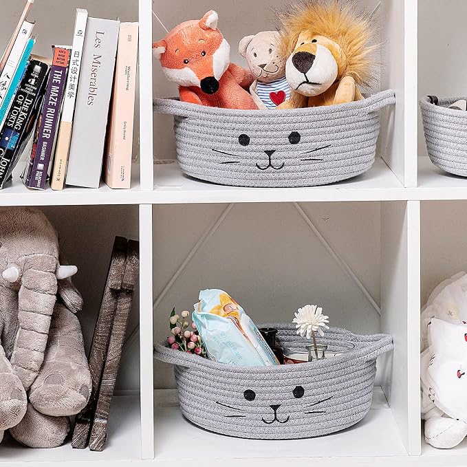 Small Woven Rope Storage Basket, Cute Cat Toy Basket for Living Room, Baby Baskets for Nursery, Gift Baskets Empty for Baby Shower, Grey, 9.8 x 4 inches