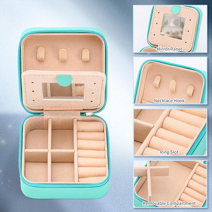 Neveika Jewelry Box with Mirror,Small Jewelry Organizer Box，Travel Jewelry Case for Women，Gift Jewelry Boxes for Female Girls (mirror blue)