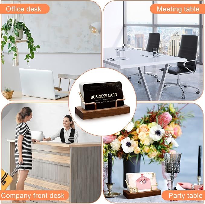 Amyhill 2 Pieces Wood Business Card Holder for Desk Wooden Business Card Display Stand Postcard Holder for Office Home Desktop (Walnut Color, Rose Gold)