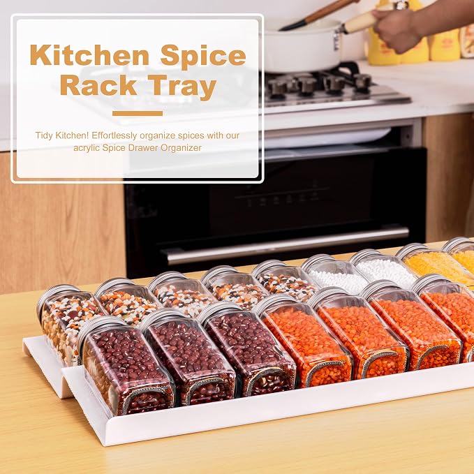 8-Pack Spice Rack for Drawer, Adjustable Seasoning Rack Tray, Expandable from 13" to 26", 2mm Acrylic, White, Kitchen Organizer and Storage (Jars Not Included)