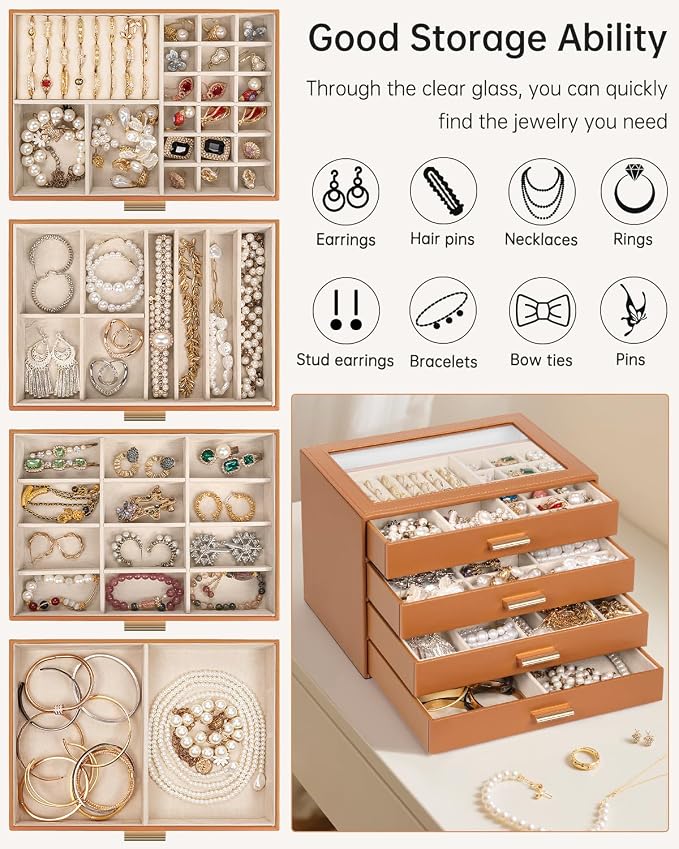 AKOZLIN Jewelry Box with Clear Lid Functional Leather Jewelry Storage Organizer Case 4 Drawers for Women Girls Necklace Ring Bracelet Earring Orange