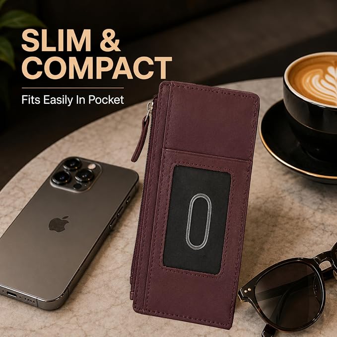 Leatherboss Genuine Leather Women's All in One Credit Business Card Case Holder Slim Zipper Wallet With a Card Protection Strap, Wine