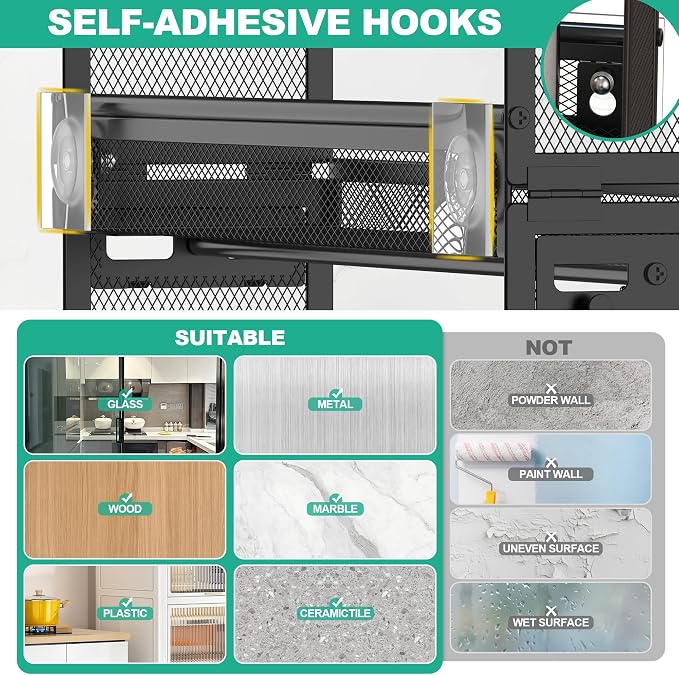 Docnest 3 Tier Wall Mounted Spice Rack with 9 Hooks, Black | Metal kitchen organizer shelf for seasoning jars. Features 2 installation ways using screws or adhesive