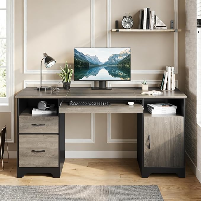 59" Executive Desk with 2 Drawers, File Cabinet & Keyboard Tray, Gray | 59 Inch Executive Desk With 2 Drawers & File Cabinet. Industrial Wood Workspace Keeps Your Home Office Organized