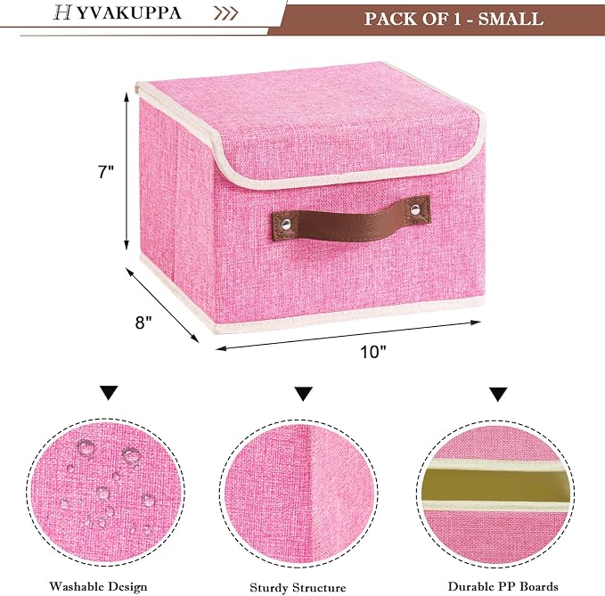 Collapsible Storage Boxes Baskets with Lid Cotton Linen Fabric Storage Bins with Faux Leather Handles Decorative Washable Cube Organizer Container for Home Closet Bedroom (Pink, Small Size)